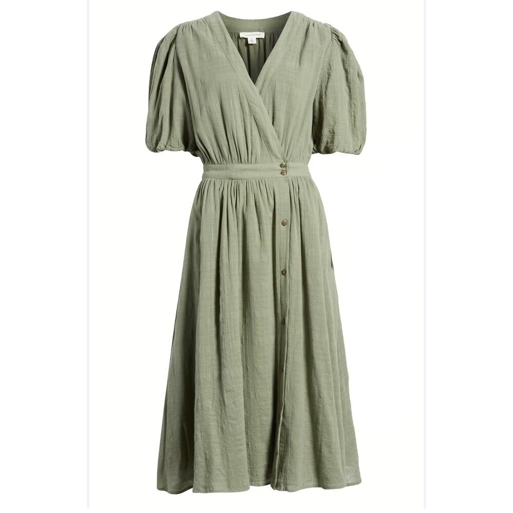 Treasure & Bond Green Cotton Puff Sleeve Wrap Dress NWT